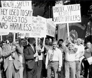 Workers protesting the use of asbestos